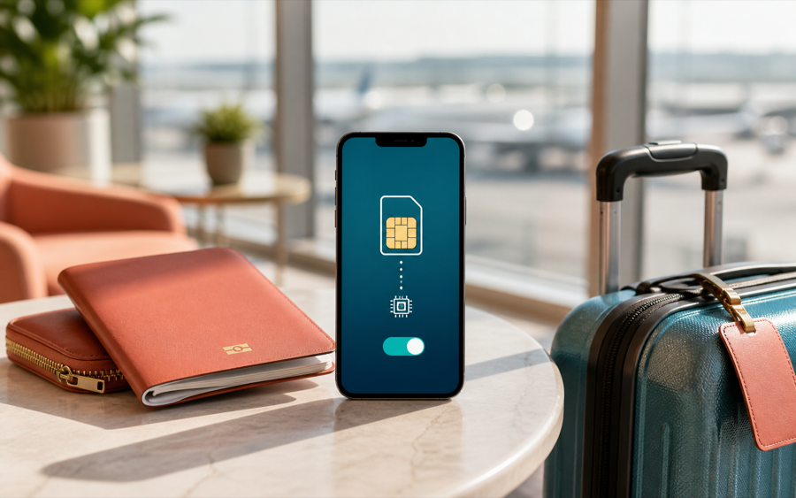 A phone ready to activate an eSIM at the airport