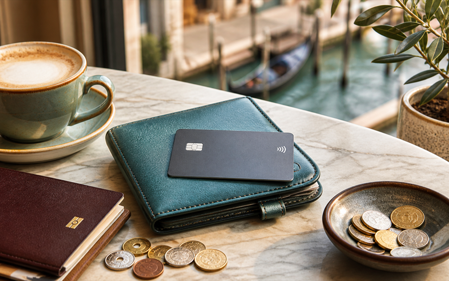 A travel wallet, payment card, and international coins